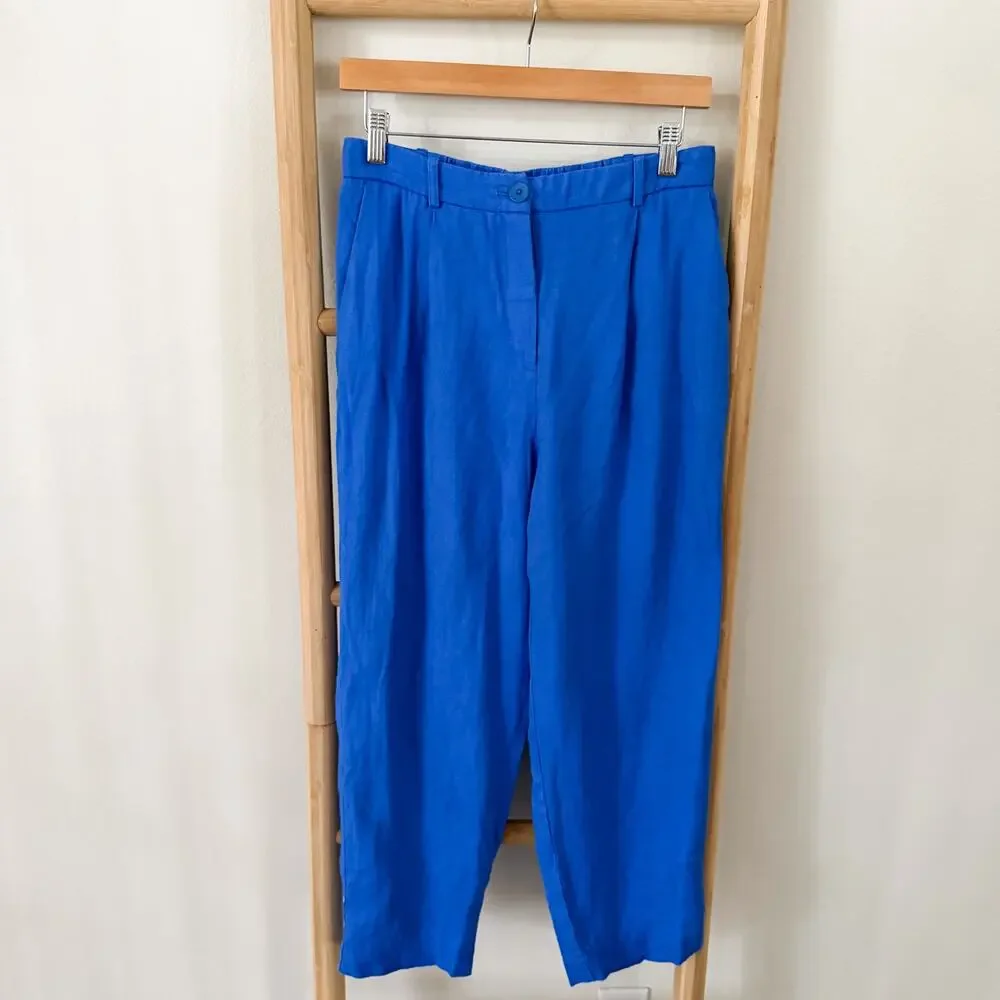 Mango 100% Linen Blue Elastic Back Slim Crop Pants Women US 4 EU 36